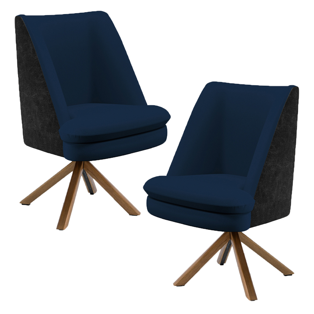 Kit 02 Poltronas Base Giratória Pérsia D02 Veludo Azul Marinho C-304 Corano Preto B-97 - Lyam Decor