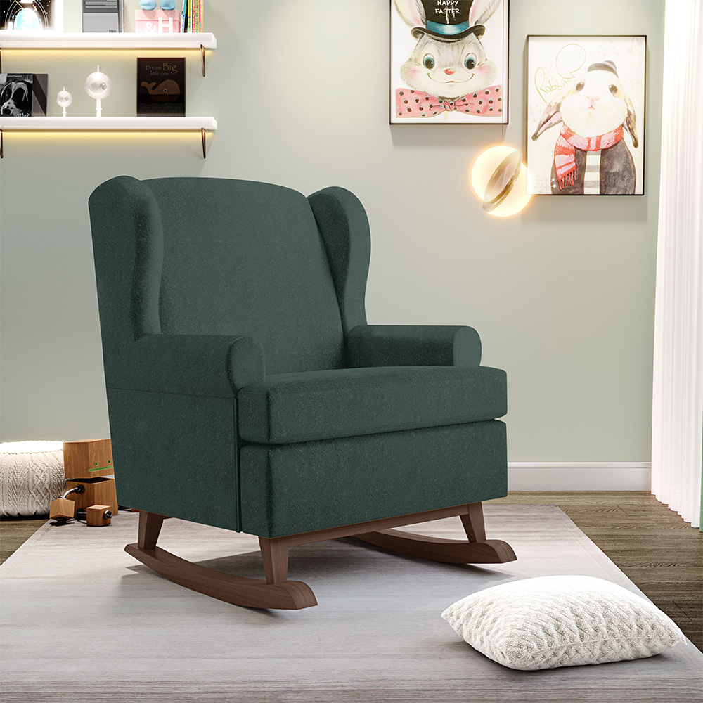 Kit 02 Poltronas De Amamentação Com Balanço Malu Base De Madeira P02 Linho Verde Musgo - Lyam Decor