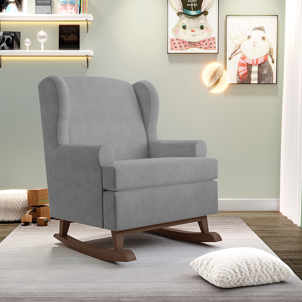 Kit 02 Poltronas De Amamentação Com Balanço Malu Base De Madeira P02 Suede Cinza - Lyam Decor