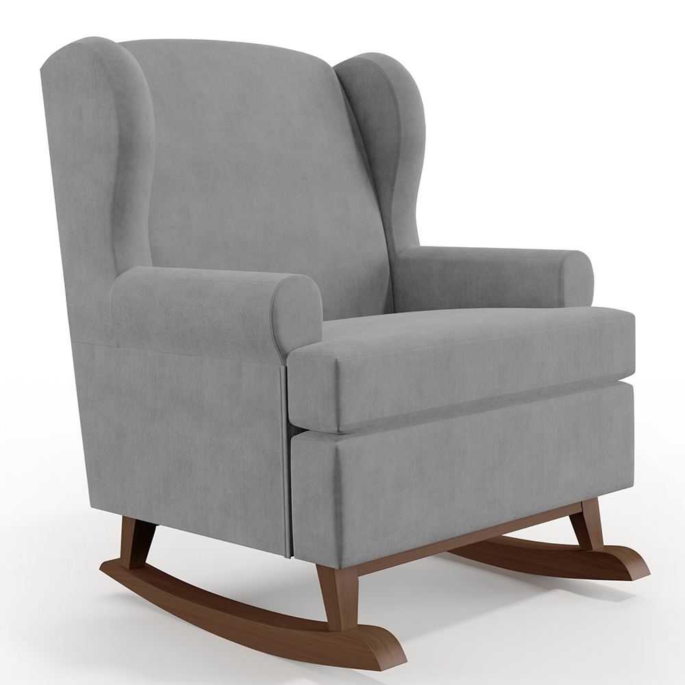 Kit 02 Poltronas De Amamentação Com Balanço Malu Base De Madeira P02 Suede Cinza - Lyam Decor