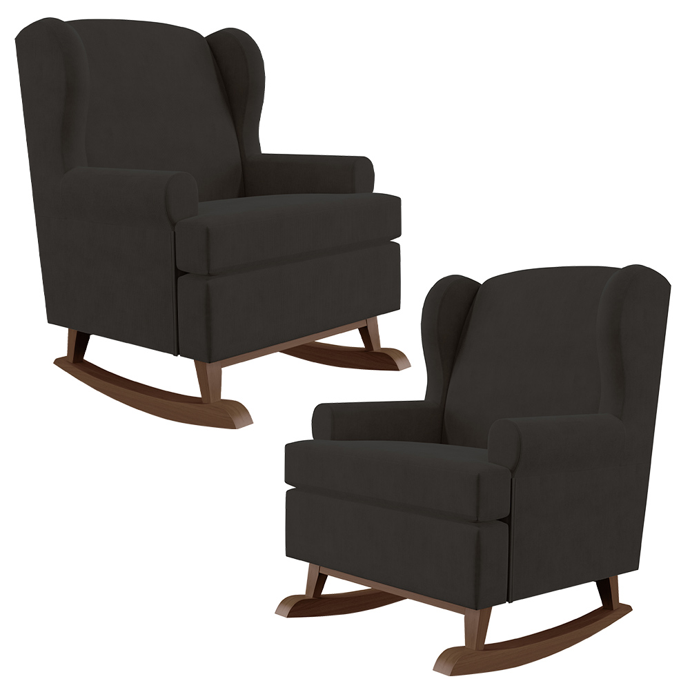 Kit 02 Poltronas De Amamentação Com Balanço Malu Base De Madeira P02 Suede Preto - Lyam Decor