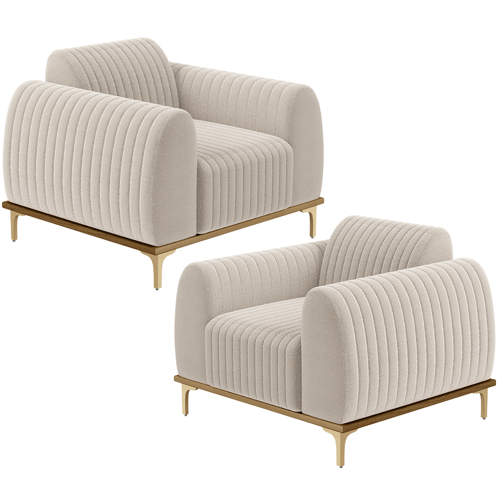 Kit 02 Poltronas Decorativa Base De Madeira Castanho e Pés Metalizado D'Ouro Molino D02 Bouclê Creme C-54 - Lyam Decor