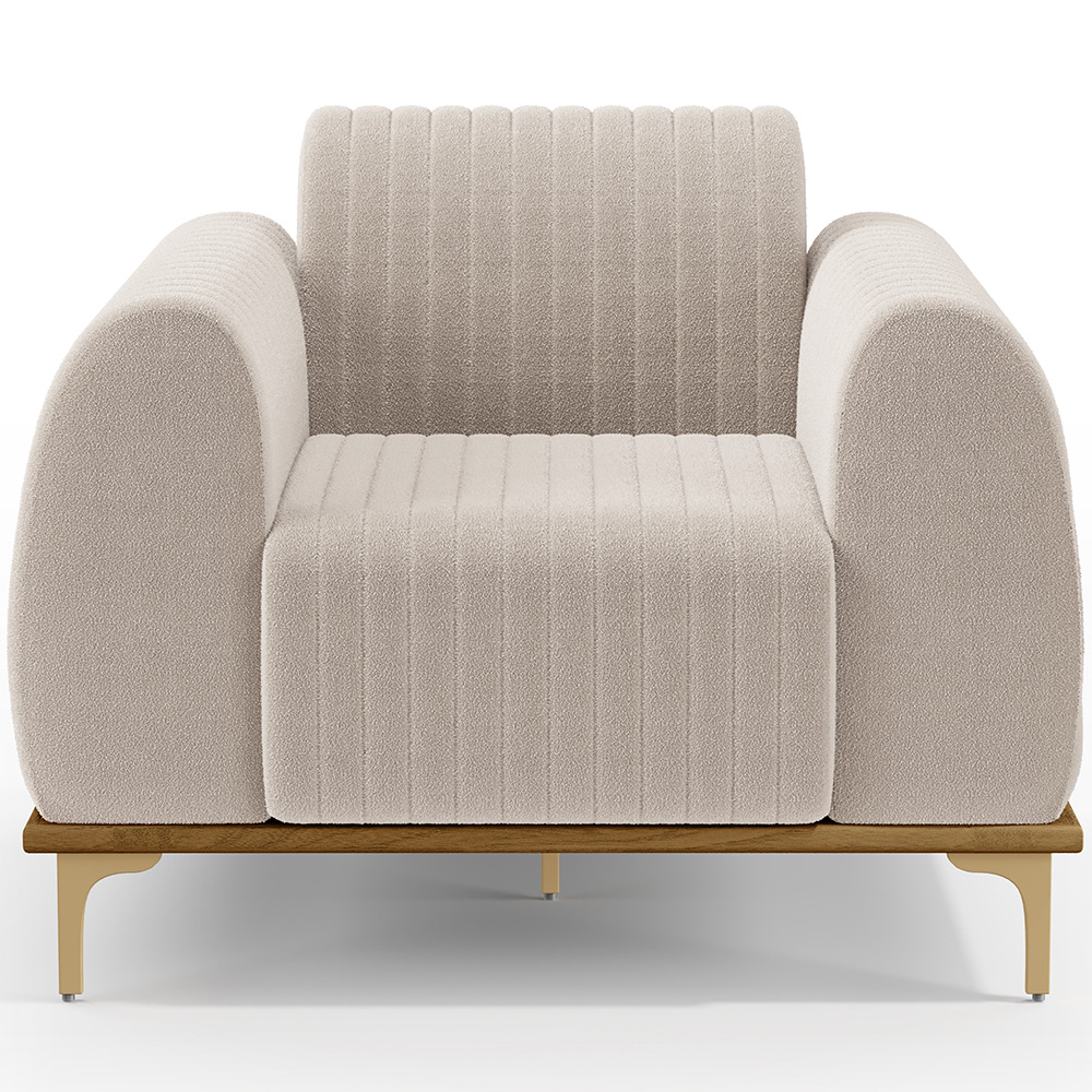 Kit 02 Poltronas Decorativa Base De Madeira Castanho e Pés Metalizado D'Ouro Molino D02 Bouclê Creme C-54 - Lyam Decor