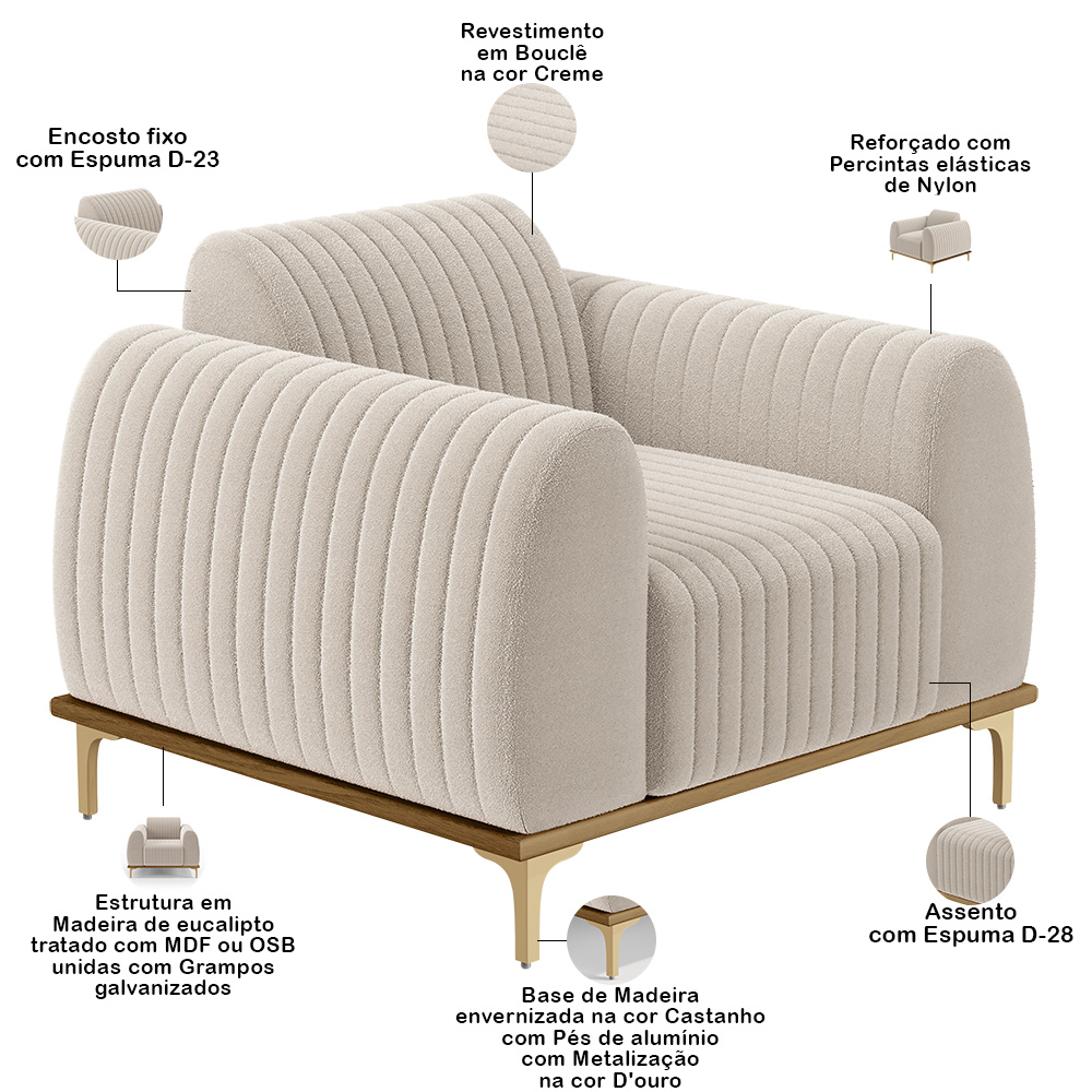 Kit 02 Poltronas Decorativa Base De Madeira Castanho e Pés Metalizado D'Ouro Molino D02 Bouclê Creme C-54 - Lyam Decor