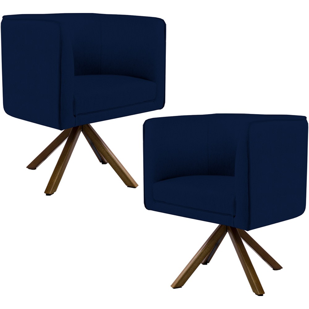 Kit 02 Poltronas Decorativa Base Giratória Madeira Betina D02 Veludo Azul Oxford B-304 - Lyam Decor