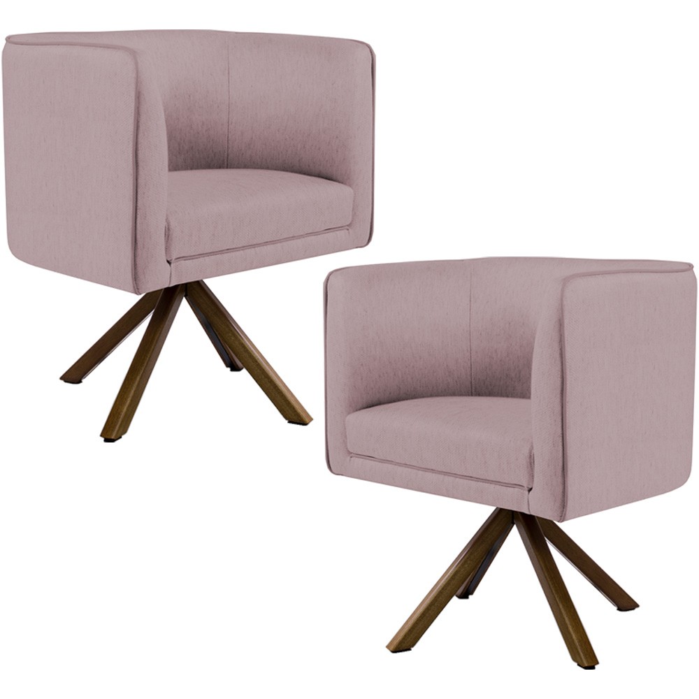 Kit 02 Poltronas Decorativa Base Giratória Madeira Betina D02 Veludo Rosê B-305 - Lyam Decor