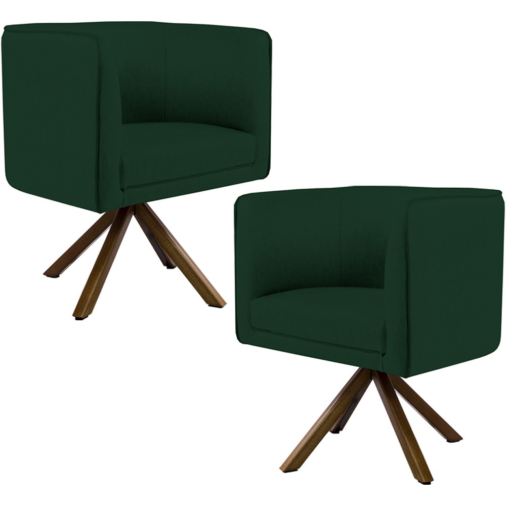 Kit 02 Poltronas Decorativa Base Giratória Madeira Betina D02 Veludo Verde Musgo B-303 - Lyam Decor