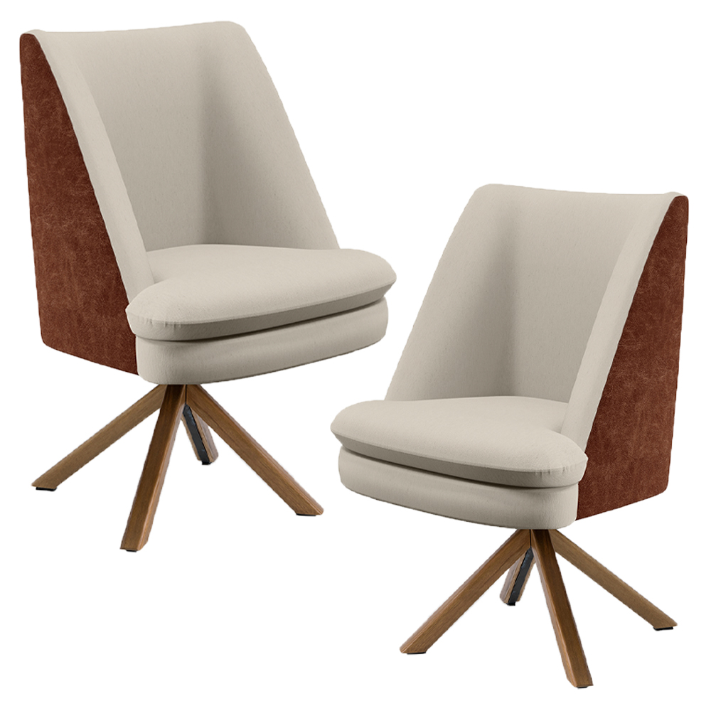 Kit 02 Poltronas Decorativa Base Giratória Pérsia D02 Linho Bege C-107 Corano Marrom B-38 - Lyam Decor