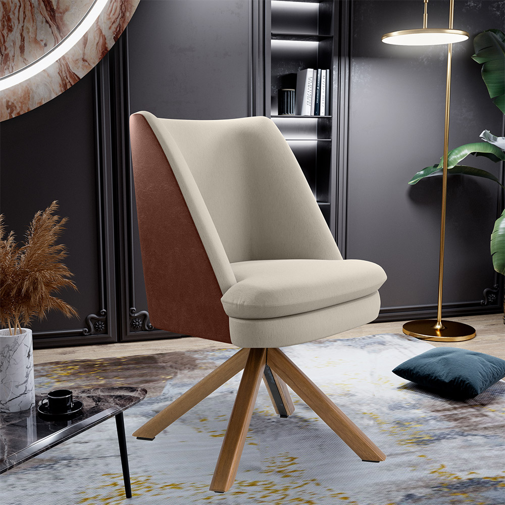 Kit 02 Poltronas Decorativa Base Giratória Pérsia D02 Linho Bege C-107 Corano Marrom B-38 - Lyam Decor