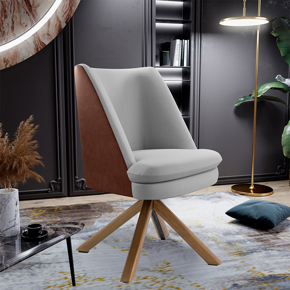 Kit 02 Poltronas Decorativa Base Giratória Pérsia D02 Linho Cinza D-315 Corano Marrom B-38 - Lyam Decor