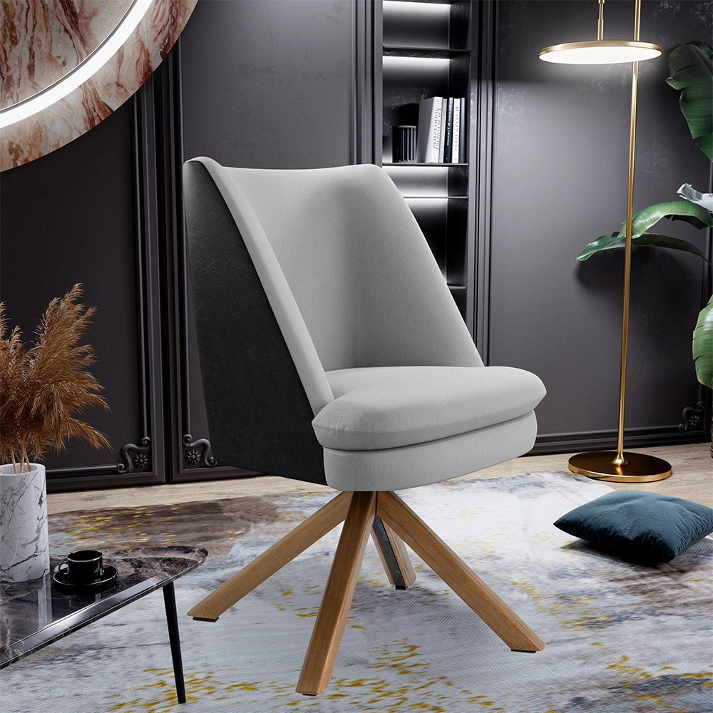 Kit 02 Poltronas Decorativa Base Giratória Pérsia D02 Linho Cinza D-315 Corano Preto B-97 - Lyam Decor