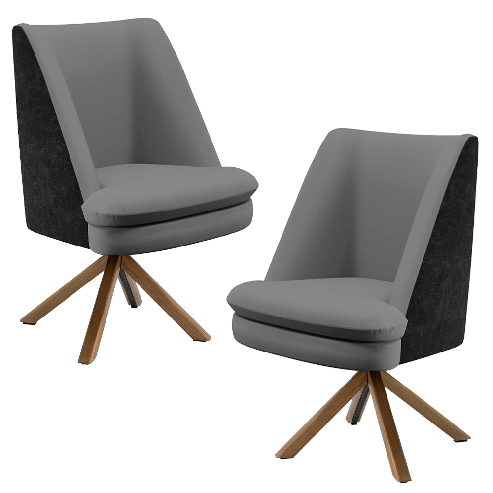 Kit 02 Poltronas Decorativa Base Giratória Pérsia D02 Linho Cinza Escuro C-416 Corano Preto B97 - Lyam Decor