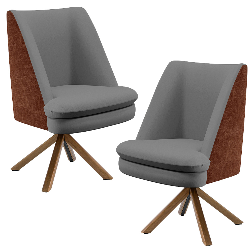 Kit 02 Poltronas Decorativa Base Giratória Pérsia D02 Linho Cinza Escuro C416 Corano Marrom B38 - Lyam Decor