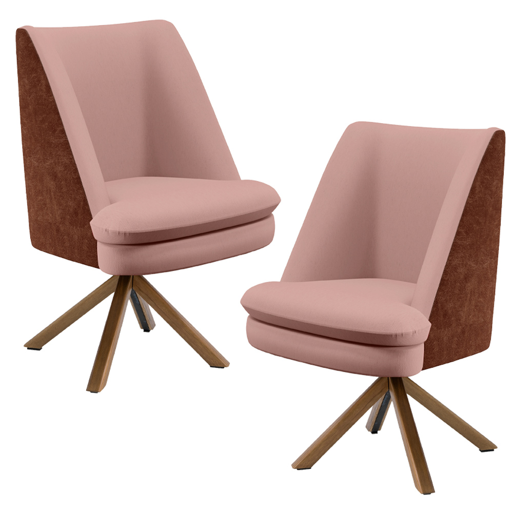 Kit 02 Poltronas Decorativa Base Giratória Pérsia D02 Linho Rosê C-105 Corano Marrom B-38 - Lyam Decor