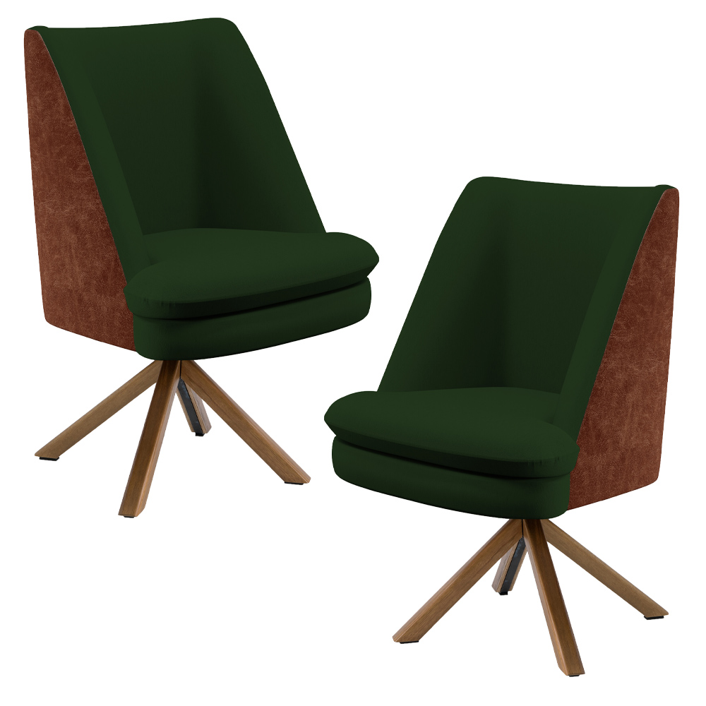 Kit 02 Poltronas Decorativa Base Giratória Pérsia D02 Linho Verde Musgo C-117 Corano Marrom B38 - Lyam Decor