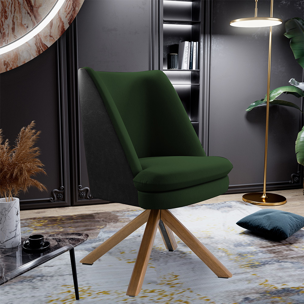 Kit 02 Poltronas Decorativa Base Giratória Pérsia D02 Linho Verde Musgo C-117 Corano Preto B-97 - Lyam Decor