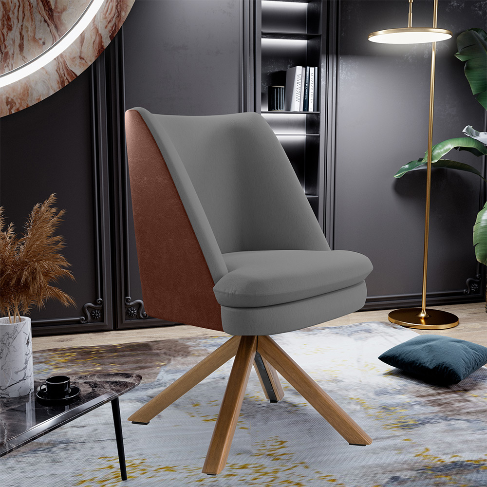 Kit 02 Poltronas Decorativa Base Giratória Pérsia D02 Veludo Cinza C-317 Corano Marrom B-38 - Lyam Decor