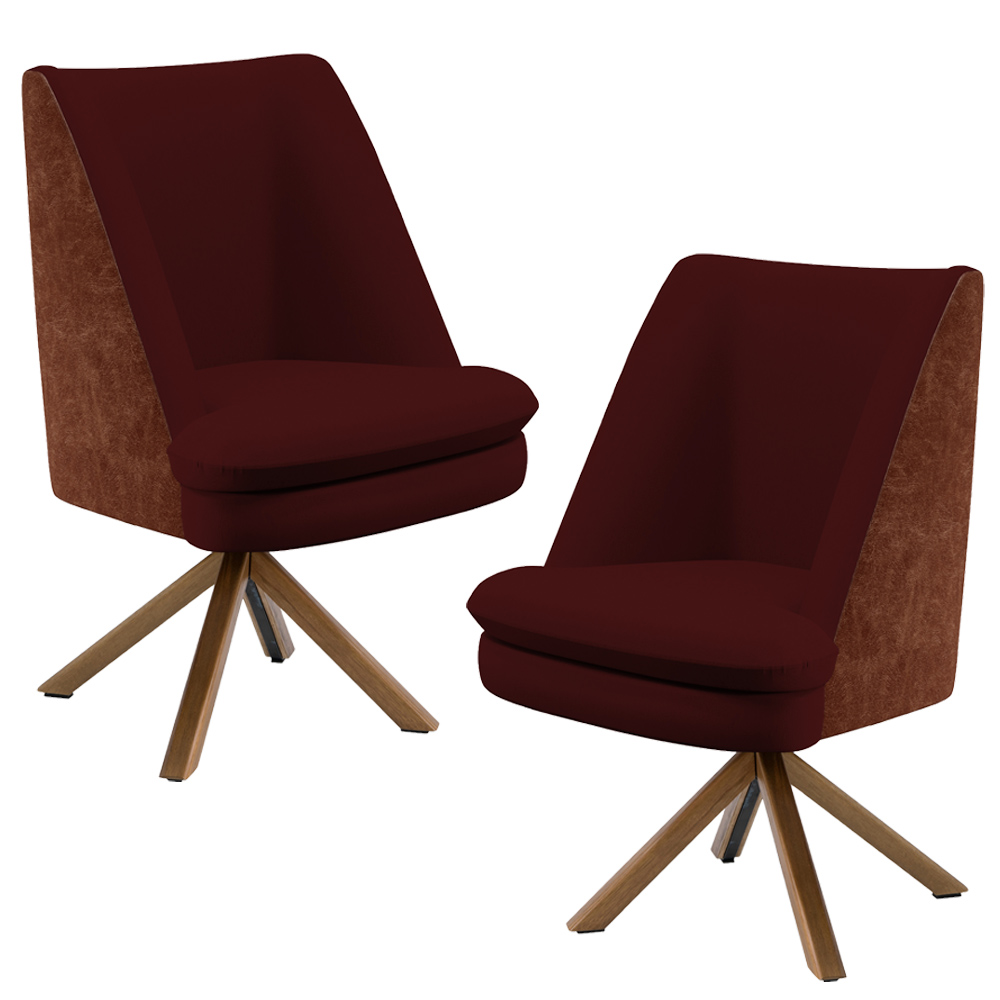 Kit 02 Poltronas Decorativa Base Giratória Pérsia D02 Veludo Marsala C-278 Corano Marrom B-38 - Lyam Decor