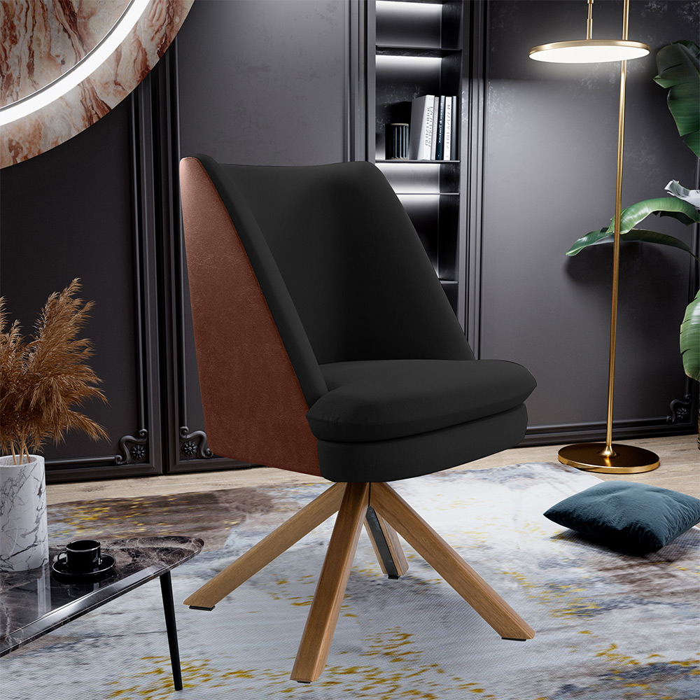 Kit 02 Poltronas Decorativa Base Giratória Pérsia D02 Veludo Preto C-300 Corano Marrom B-38 - Lyam Decor