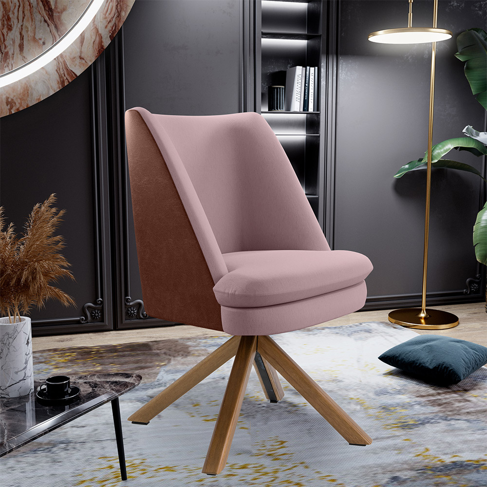 Kit 02 Poltronas Decorativa Base Giratória Pérsia D02 Veludo Rosê C-305 Corano Marrom B-38 - Lyam Decor