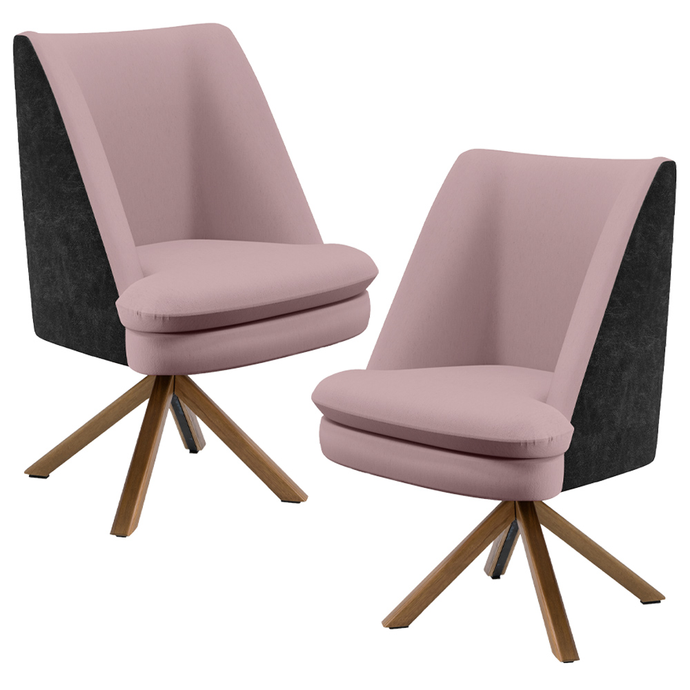 Kit 02 Poltronas Decorativa Base Giratória Pérsia D02 Veludo Rosê C-305 Corano Preto B-97 - Lyam Decor