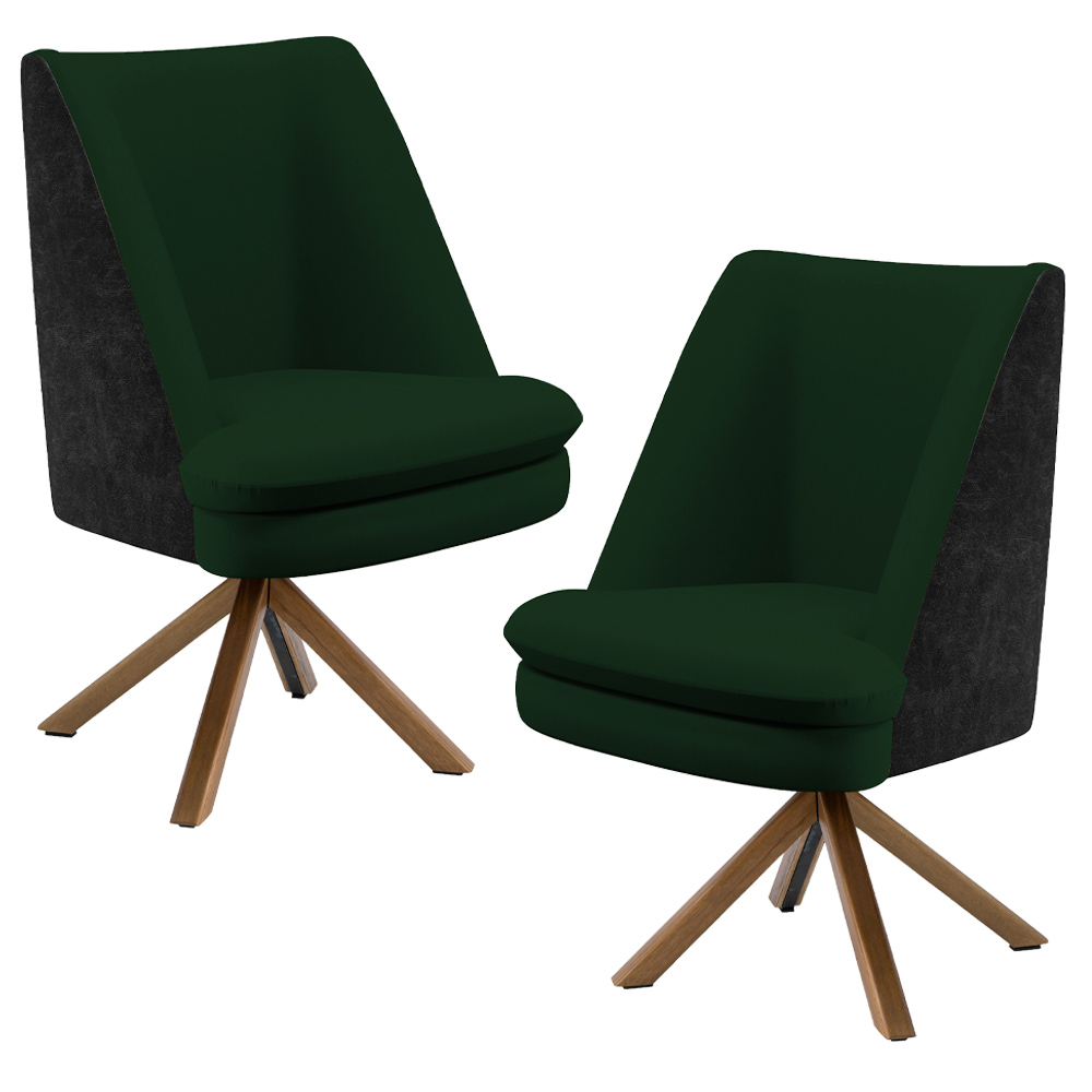 Kit 02 Poltronas Decorativa Base Giratória Pérsia D02 Veludo Verde Musgo C-303 Corano Preto B97 - Lyam Decor