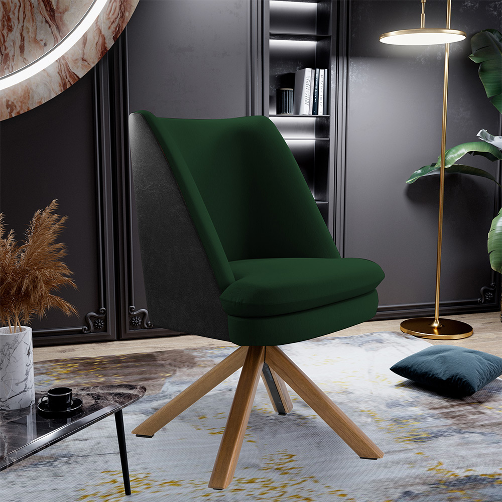 Kit 02 Poltronas Decorativa Base Giratória Pérsia D02 Veludo Verde Musgo C-303 Corano Preto B97 - Lyam Decor