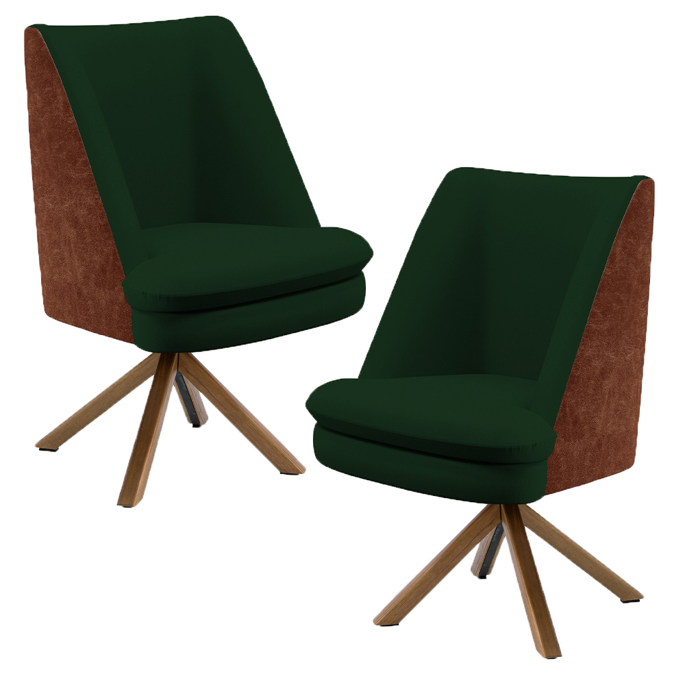 Kit 02 Poltronas Decorativa Base Giratória Pérsia D02 Veludo Verde Musgo C303 Corano Marrom B38 - Lyam Decor