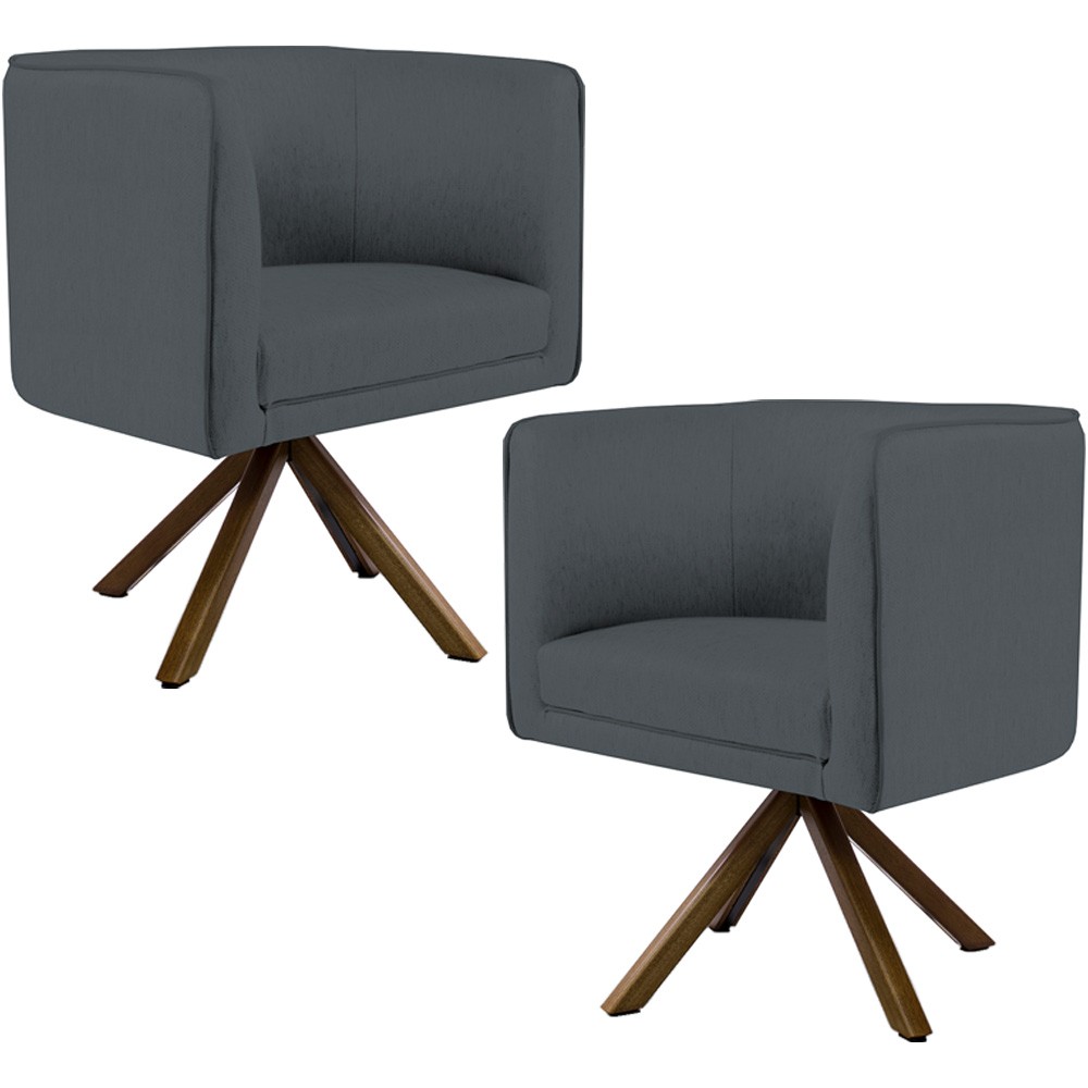 Kit 02 Poltronas Decorativa Base Giratória de Madeira Betina D02 Corano Cinza C-03 - Lyam Decor