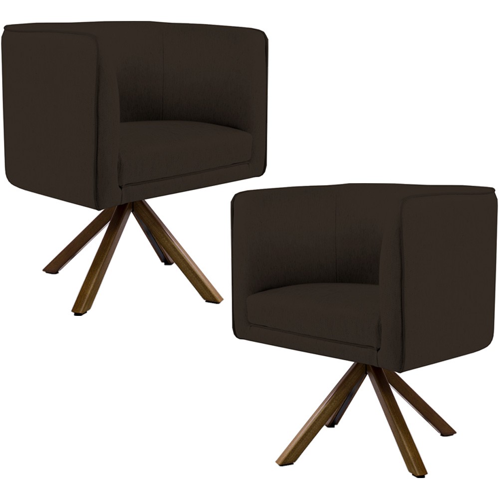 Kit 02 Poltronas Decorativa Base Giratória de Madeira Betina D02 Corano Marrom C-34 - Lyam Decor