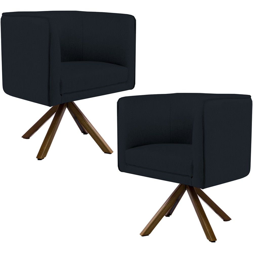 Kit 02 Poltronas Decorativa Base Giratória de Madeira Betina D02 Corano Preto C-05 - Lyam Decor