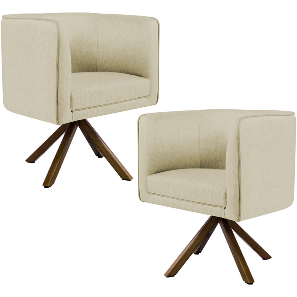 Kit 02 Poltronas Decorativa Base Giratória de Madeira Betina D02 Linho Bege C-129 - Lyam Decor