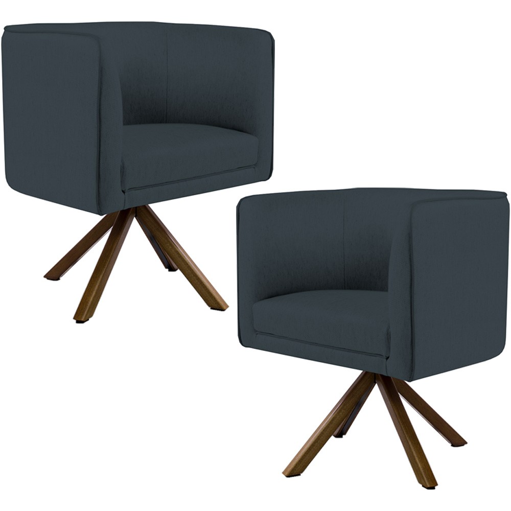 Kit 02 Poltronas Decorativa Base Giratória de Madeira Betina D02 Linho Chumbo C-465 - Lyam Decor