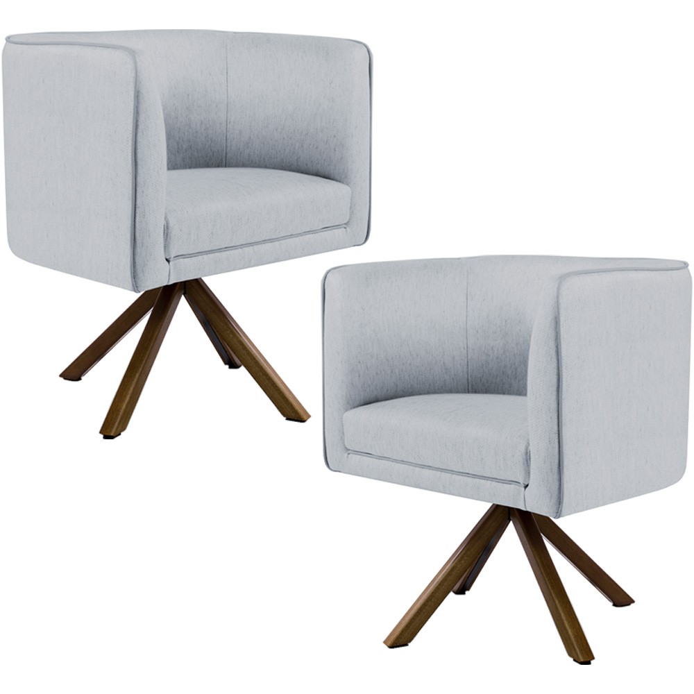 Kit 02 Poltronas Decorativa Base Giratória de Madeira Betina D02 Linho Cinza C-315 - Lyam Decor