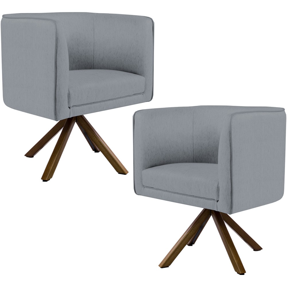 Kit 02 Poltronas Decorativa Base Giratória de Madeira Betina D02 Linho Cinza C-416 - Lyam Decor