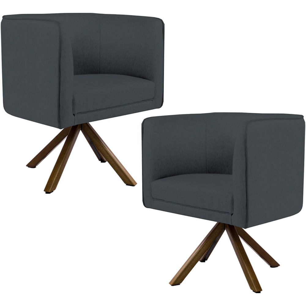 Kit 02 Poltronas Decorativa Base Giratória de Madeira Betina D02 Veludo Cinza B-317 - Lyam Decor