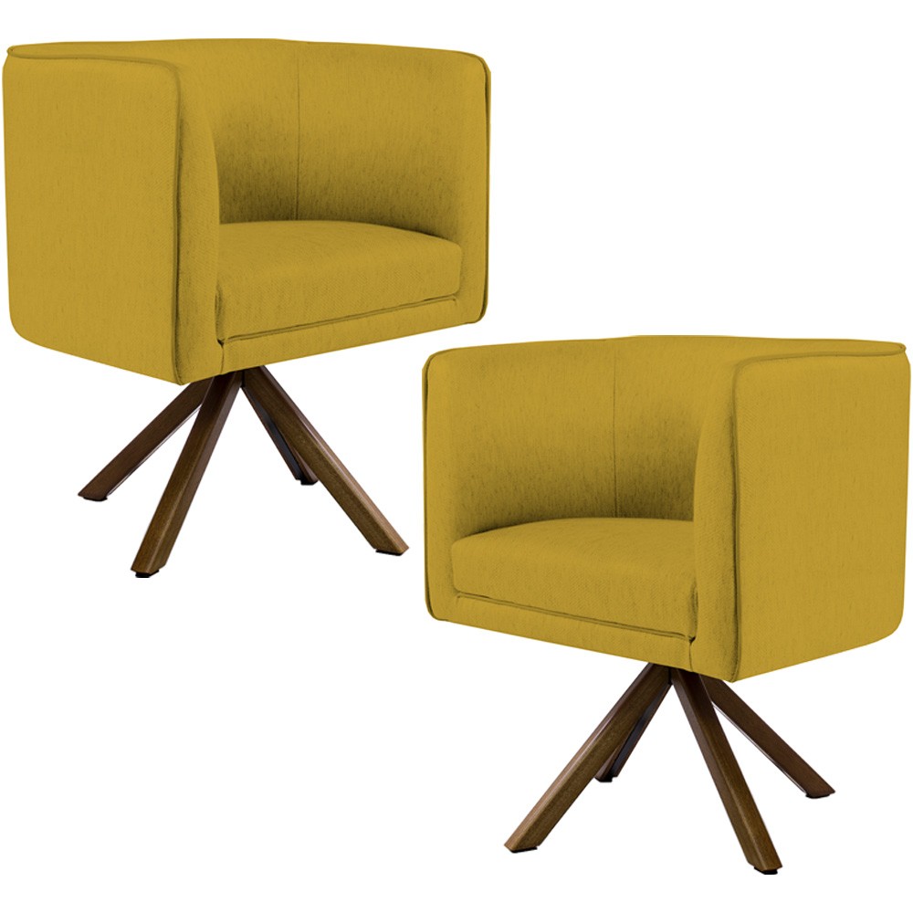 Kit 02 Poltronas Decorativa Base Giratória de Madeira Betina D02 Veludo Mostarda B-279 - Lyam Decor