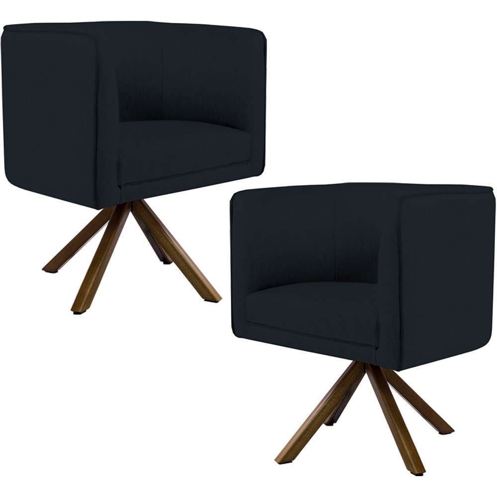 Kit 02 Poltronas Decorativa Base Giratória de Madeira Betina D02 Veludo Preto B-300 - Lyam Decor