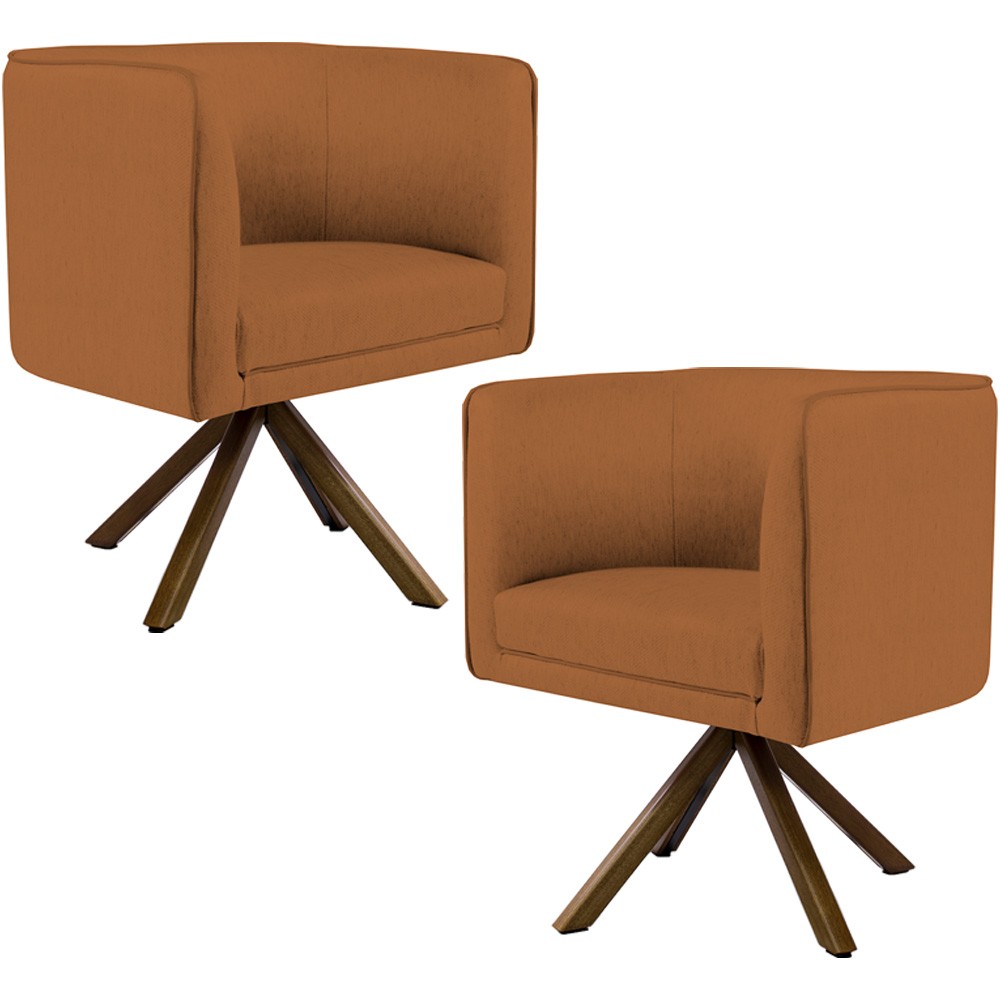 Kit 02 Poltronas Decorativa Base Giratória de Madeira Betina D02 Veludo Telha B-262 - Lyam Decor