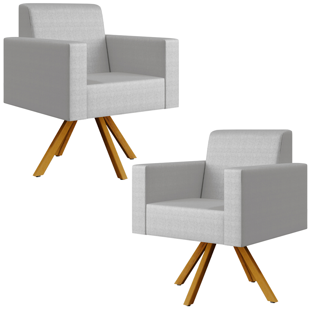 Kit 02 Poltronas Decorativa Base Giratória de Madeira Helô L02 Facto Cinza Metalizado - Lyam Decor