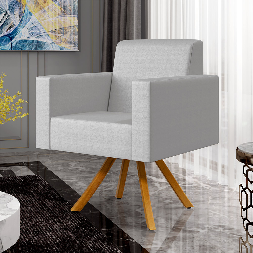 Kit 02 Poltronas Decorativa Base Giratória de Madeira Helô L02 Facto Cinza Metalizado - Lyam Decor