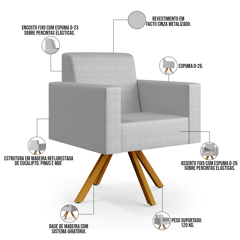 Kit 02 Poltronas Decorativa Base Giratória de Madeira Helô L02 Facto Cinza Metalizado - Lyam Decor