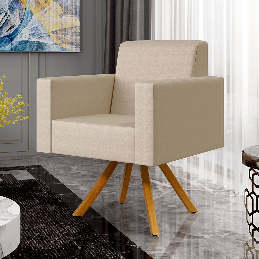 Kit 02 Poltronas Decorativa Base Giratória de Madeira Helô L02 Facto Pérola Metalizado - Lyam Decor