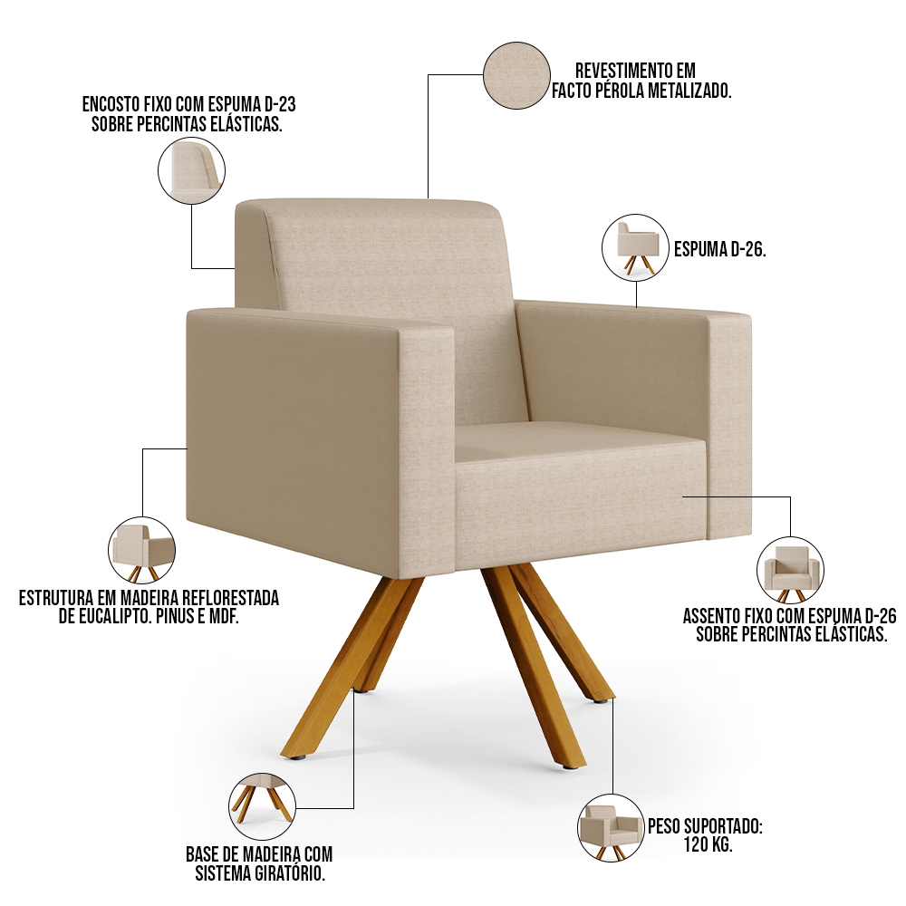 Kit 02 Poltronas Decorativa Base Giratória de Madeira Helô L02 Facto Pérola Metalizado - Lyam Decor