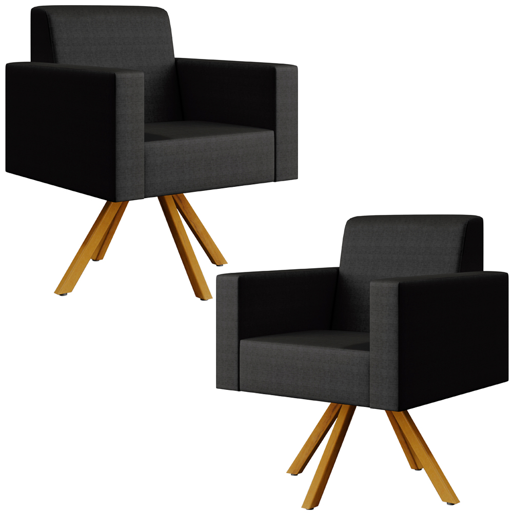 Kit 02 Poltronas Decorativa Base Giratória de Madeira Helô L02 Facto Preto Metalizado - Lyam Decor