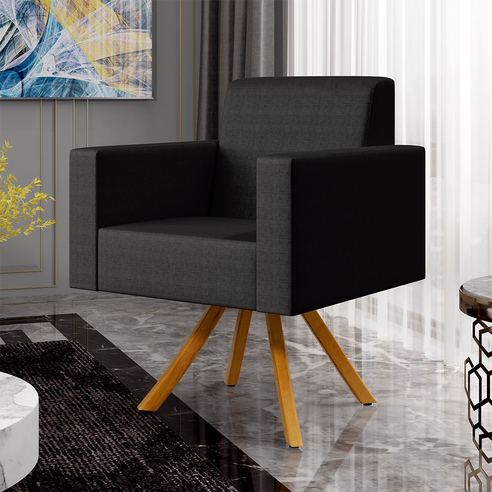 Kit 02 Poltronas Decorativa Base Giratória de Madeira Helô L02 Facto Preto Metalizado - Lyam Decor