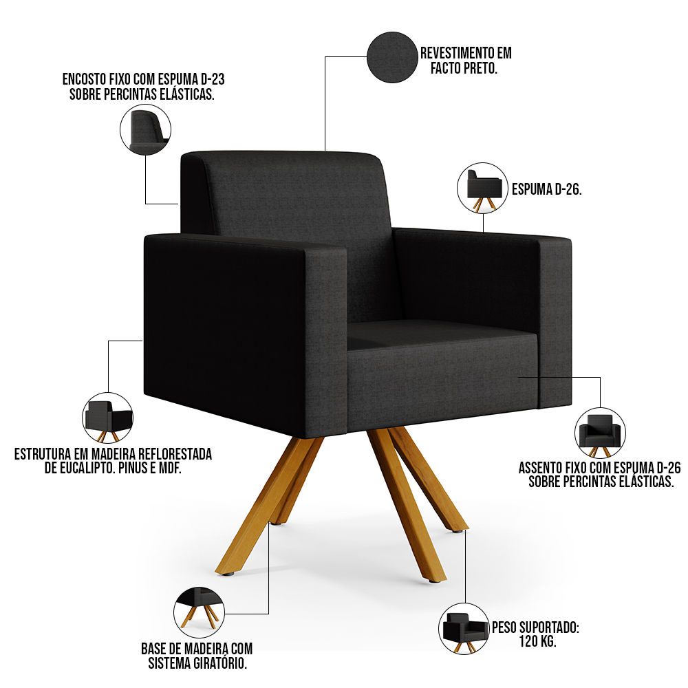 Kit 02 Poltronas Decorativa Base Giratória de Madeira Helô L02 Facto Preto Metalizado - Lyam Decor