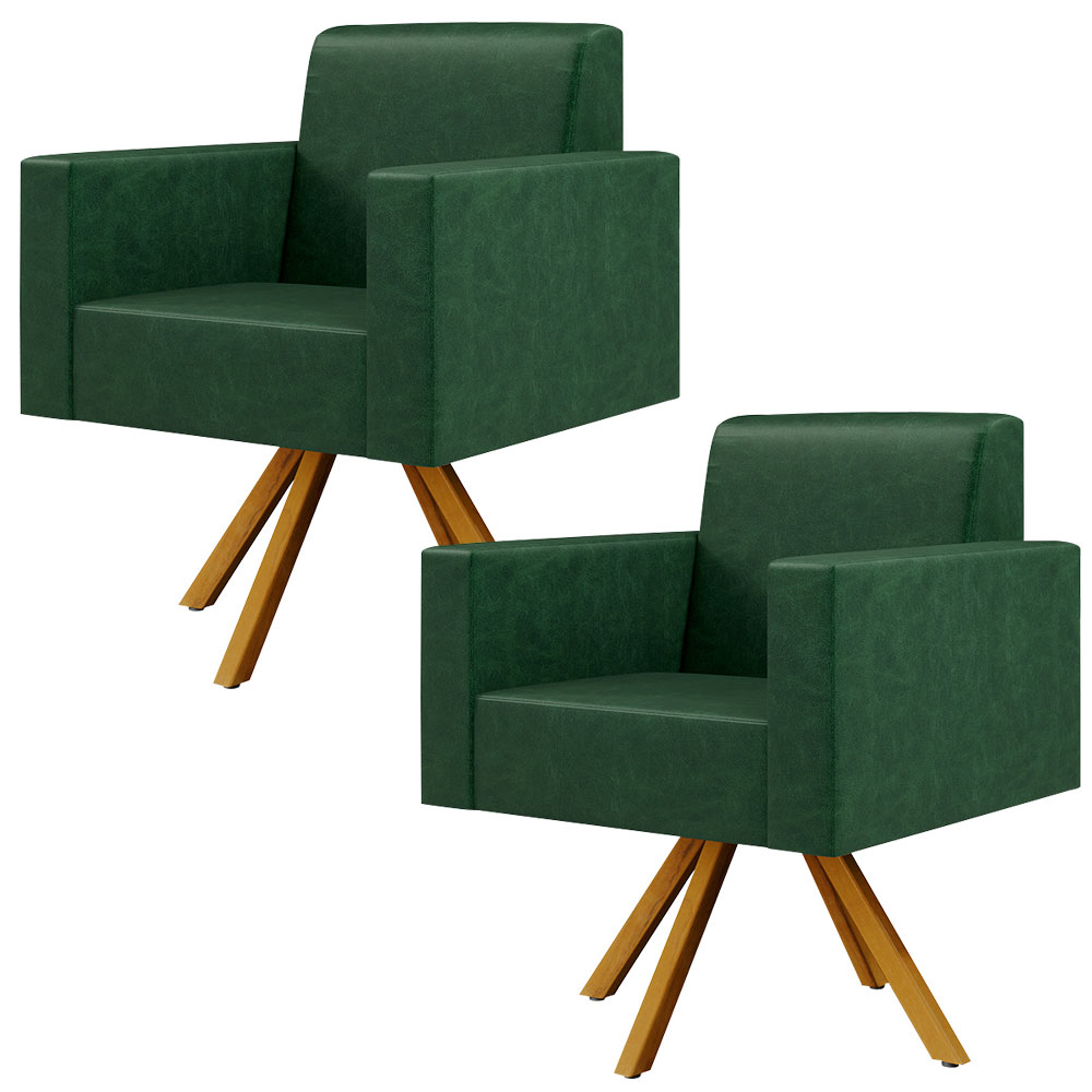 Kit 02 Poltronas Decorativa Base Giratória de Madeira Helô L02 Facto Verde Musgo - Lyam Decor