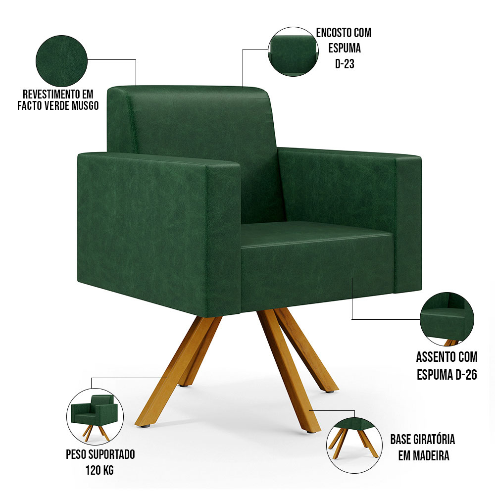 Kit 02 Poltronas Decorativa Base Giratória de Madeira Helô L02 Facto Verde Musgo - Lyam Decor