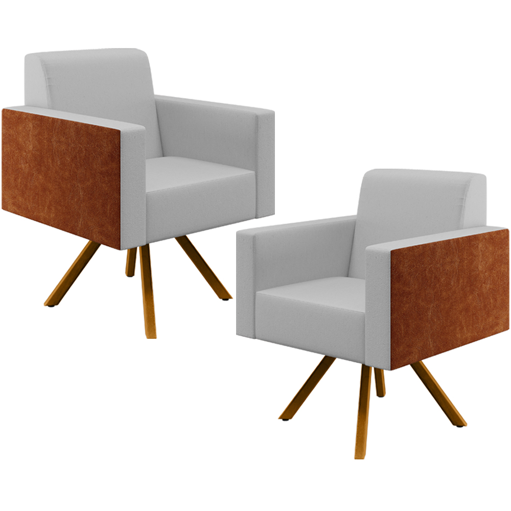 Kit 02 Poltronas Decorativa Base Giratória de Madeira Helô L02 Linho Cinza Couríssimo Camel - Lyam Decor